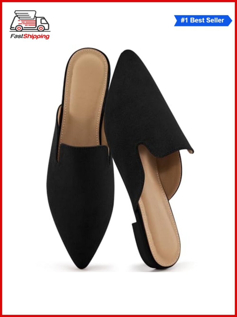 Pointed Toe Mules for Women Faux Suede Slip-On Flats Memory Foam Comfort